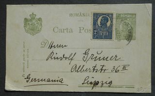Romania 1922 Postcard Sent To Germany Franked W/ 20 Bani & 2 Lei Stamps