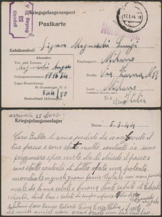 Germany Wwii 1944 - Pow Postcard Stalag Xi A To Italy - Censor 35248/7