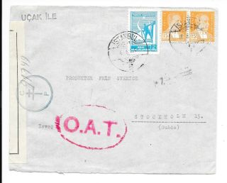 Turkey 1945 Airmail Cover To Sweden With Oat