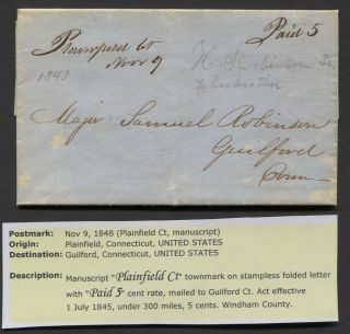 1848 Stampless Letter Plainfield Ct To Guilford Ct " Paid 5 " Rate