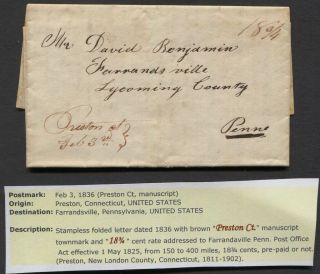 1836 Stampless Letter Preston Ct To Farrandsville Pa 18¾ M/s Rate