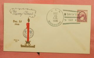 1936 Naval Uss Mississippi Ship Christmas Linto Hand - Drawn Cachet