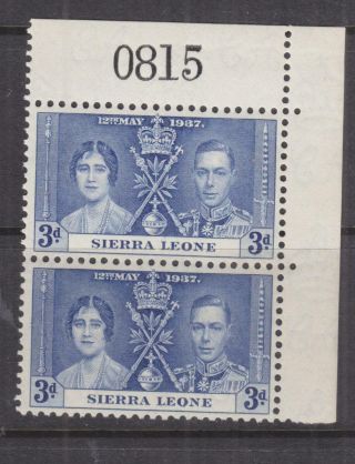 Sierra Leone,  1937 Coronation,  3d.  Blue,  Sheet 814,  Corner Pair,  Mnh.