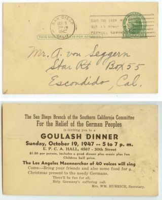 1947 San Diego California Relief Of The German Peoples Goulash Dinner Invite Pc