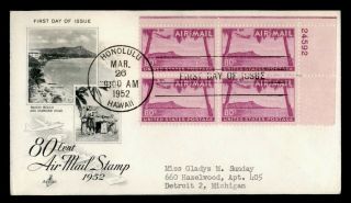 Dr Who 1952 Fdc 80c Airmail Plate Block Art Craft Cachet Hawaii E47823