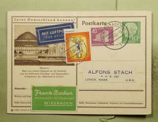Dr Who 1955 Germany Wiesbaden Uprated Postal Card Airmail To Usa E45008