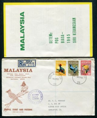 9.  9.  1965 Malaysia Malaya Birds Set 3 X Stamps To 50c On Reg Fdc K.  L.  To Singapore