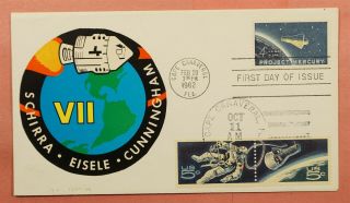 1962 Fdc 1193 Project Mercury,  1968 Apollo 7 Launch Cape Canaveral Fl Label
