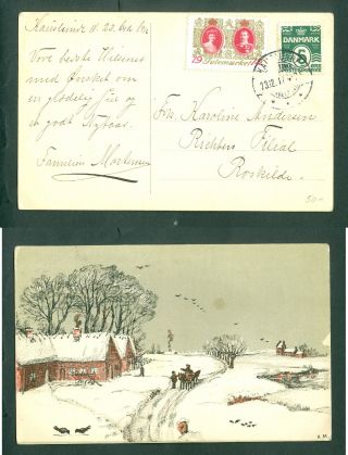 Denmark.  Christmas Card 1912 With Seal,  5 Ore.  Karlslunde.  Farm,  Horses,  Wagon.