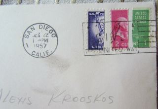 3,  US BISECT STAMPS ON COVER,  SCOTT 806,  848,  &1035,  3 CENTS TOTAL,  1957 2