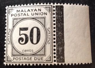 Malaysia 1936 50 Cent Black Postage Due Stamp With Side Margin Mnh