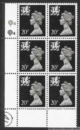 Gb/wales 1971/98 20p Plate Block,  Sg Xwl33/w52,  Plate 6,  6.  Mnh