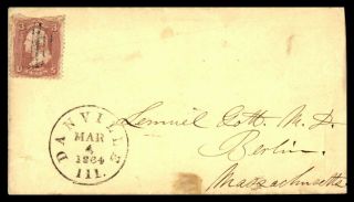 Illinois Danville March 4 1864 Single Franked Cover To Berlin Ma