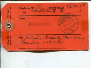 Austria Mail Bag Tag From Salzburg To Malmö,  Sweden 1952
