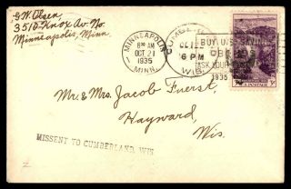 Mayfairstamps Us 1935 Minneapolis To Hayward Wi Missent To Cumberland Cover Wwb_
