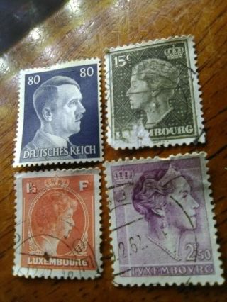 4 Postage Stamps World War Ii Nazi Germany And Luxembourg Stamps Hitler