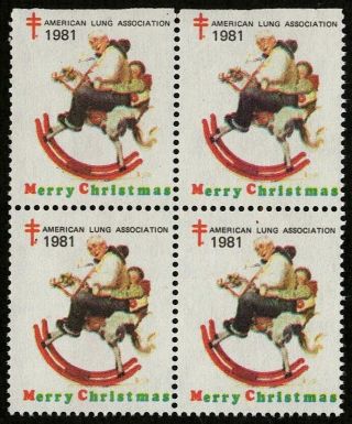 1981 Norman Rockwell Rocking Horse Block Of 4 Us Christmas Seals/stamps Mnh (b)