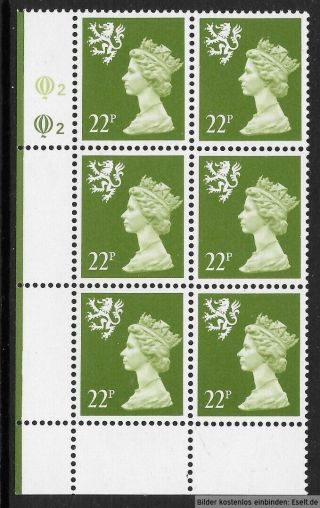Gb/scotland 1971/98 22p Plate Block,  Sg Xsl42/s65,  Plate 2,  2.  Mnh