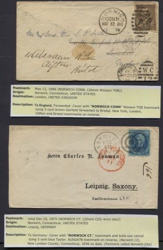 Norwich Ct - 2 Covers To London Uk & Leipzig Germany Both 5c Rate