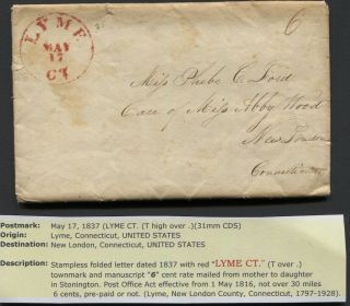 1837 Stampless Letter Lyme Ct Red Cds To London " 6 " Cent Rate