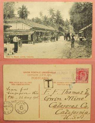 1905 Ceylon Colombo Street Scene Postcard Galle Face Hotel To Usa Postage Due