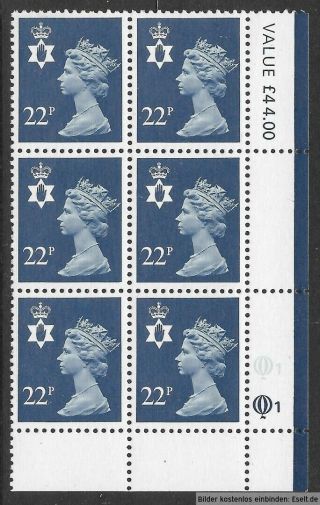 Gb/n.  Ireland 1971/00 22p Plate Block,  Sg Xnl37/ni53,  Plate 1,  1 Row 20.  Mnh