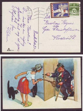 E1443/ Denmark Roskilde Women W/cats Postcard Cover 1929 W/ Christmas Seal Label