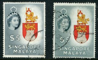 1955/59 Singapore Gb Qeii Definitives 2 X $5 Stamps One With @ Variety @@@