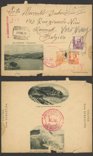 Spain Civil War 1938 - Registered Cover San Sebastian To Belgium - Censor D136