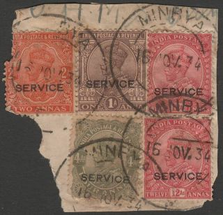 India Burma 1934 Kgv Official Overprints On Piece W Minbya Postmarks