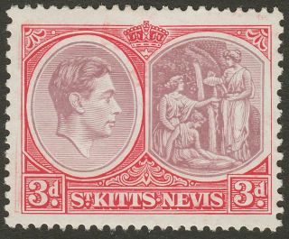 St Kitts - Nevis 1940 Kgvi 3d Br - Purple,  Carm - Red P13x12 Chalky Sg73a Cat£42