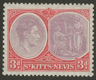 St Kitts - Nevis 1938 Kgvi 3d Dull Red Purple,  Scarlet P13x12 Ord Sg73 C £28