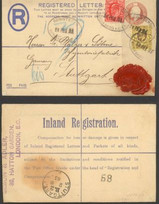 Gb 1903 - Registered Stationery To Stuttgart Germany 31766/7