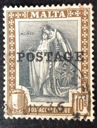 Malta 1926 10 Shillings Slate Grey & Brown Stamp With Postage Overprint Vfu