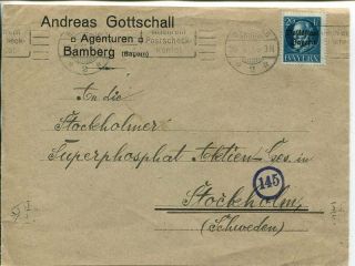 Germany Volkstaat Bayern 20pf On Cover Front To Sweden 26.  5.  1919