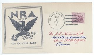 1933 Saltaire Ny Cover With Nra Member We Do Our Part Us Eagle Cachet