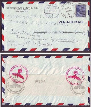 D1620/ Usa Wall Street Censor Airmail Cover T/odense Denmark 1941