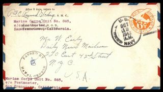 Ca Us Navy Marine Corps Unit 865 Pfc October 12 1942 Censored Air Mail Cover To