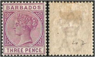 Barbados.  1882 - 1886 Queen Victoria.  3p.  Sg 96.  Mh