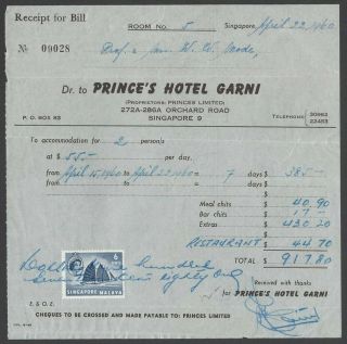 Singapore 1955 - 60 hotel receipts with postage stamps (3) 2