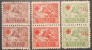 Poland 1921 Red Cross,  3 Vertical Pairs,  Mi 154,  155,  157,  Mh,  Cv=95eur