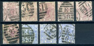 Gb Qv 2 1/2d Rosey Mauve & Blue Group Of 9 Numeral & Town Postmarks 1880 