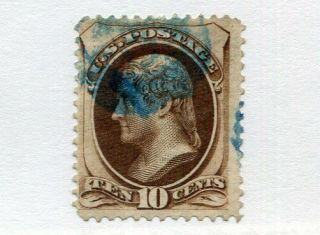 1873 U.  S.  Scott 161 Ten Cent Jefferson Stamp - Blue Cancel