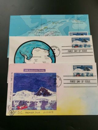 1991 Antarctic Treaty Us Fdc 2 Hand Painted 1 Map Covers