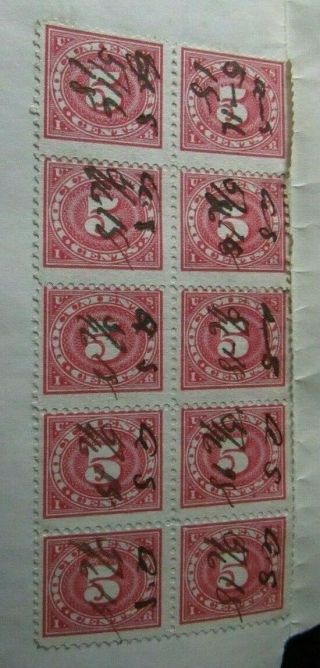 U.  S.  Stamps Scott R232 Revenue 5 Cent Documentary Block Of 10 Pen Canceled 1919