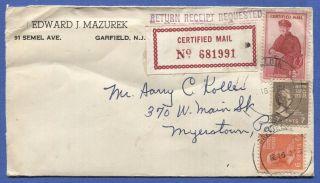 W767 - 1955 15c Certified Mail Fa1 Cover,  Return Receipt,  6c,  7c Prexy