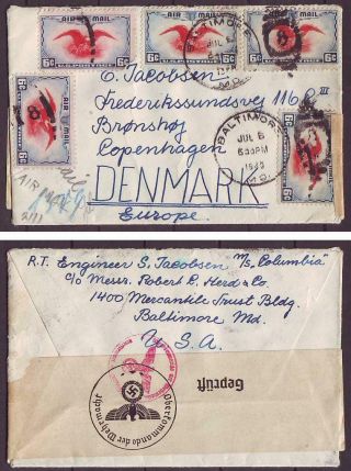 D1616/ Usa Baltimore Censor Airmail Cover T/denmark 1940 W/5x 6cents Issue