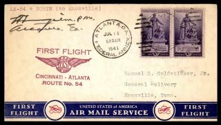 Georgia Atlanta First Flight Am 54 July 15 1941 Signed By Postmaster Cover To Kn