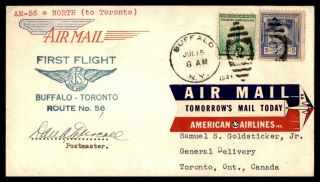 York Buffalo First Flight Am 56 July 15 1941 Signed By Postmaster Cover To T