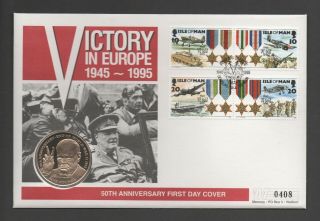 Isle Of Man 1995 50th Anniv Of Victory In Europe Stamp & £5 Churchill Coin Fdc